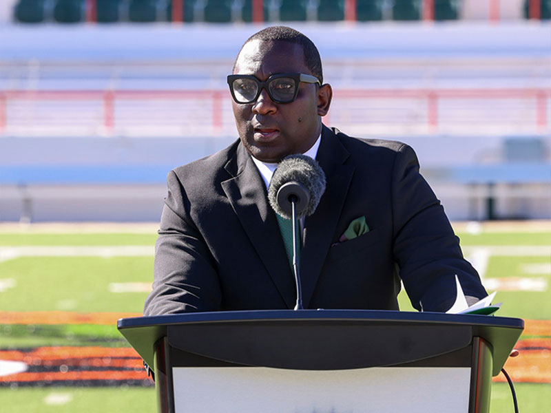 James Colzie speaking on FAMU football field