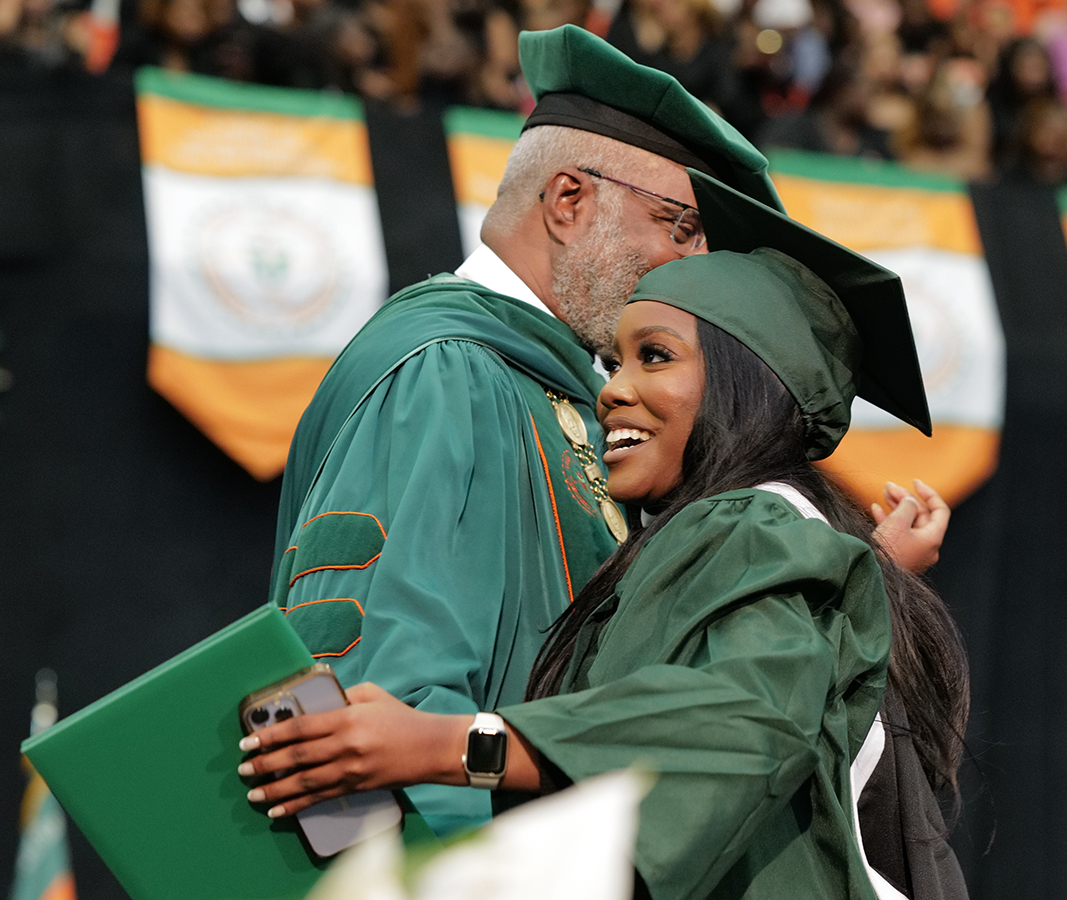 2023-2024 SGA President Londe Mondelus celebrates receiving her degree.(Credit: Ernest Nelfrard)