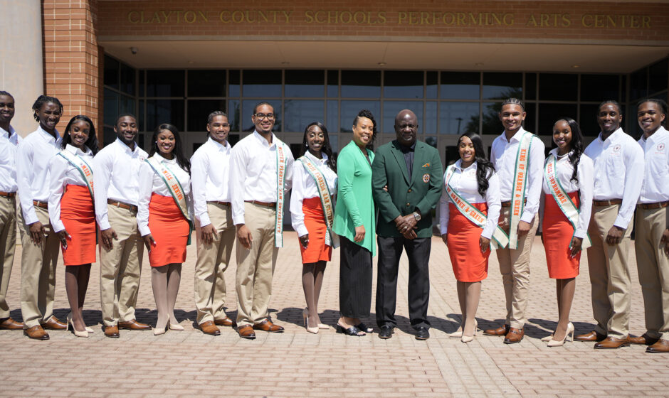 Interim President Timothy Beard and First Lady Wendy Beard with members of the FAMU Royal Court outside the Clayton County Performing Arts Center.