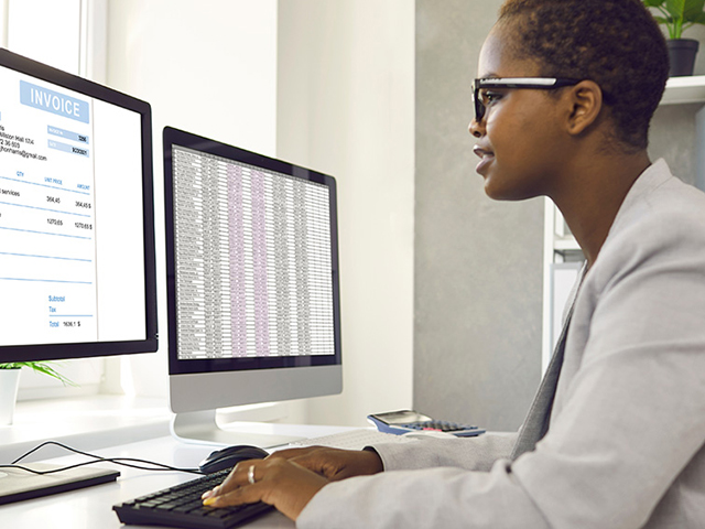 female bookkeeper at desk using computer