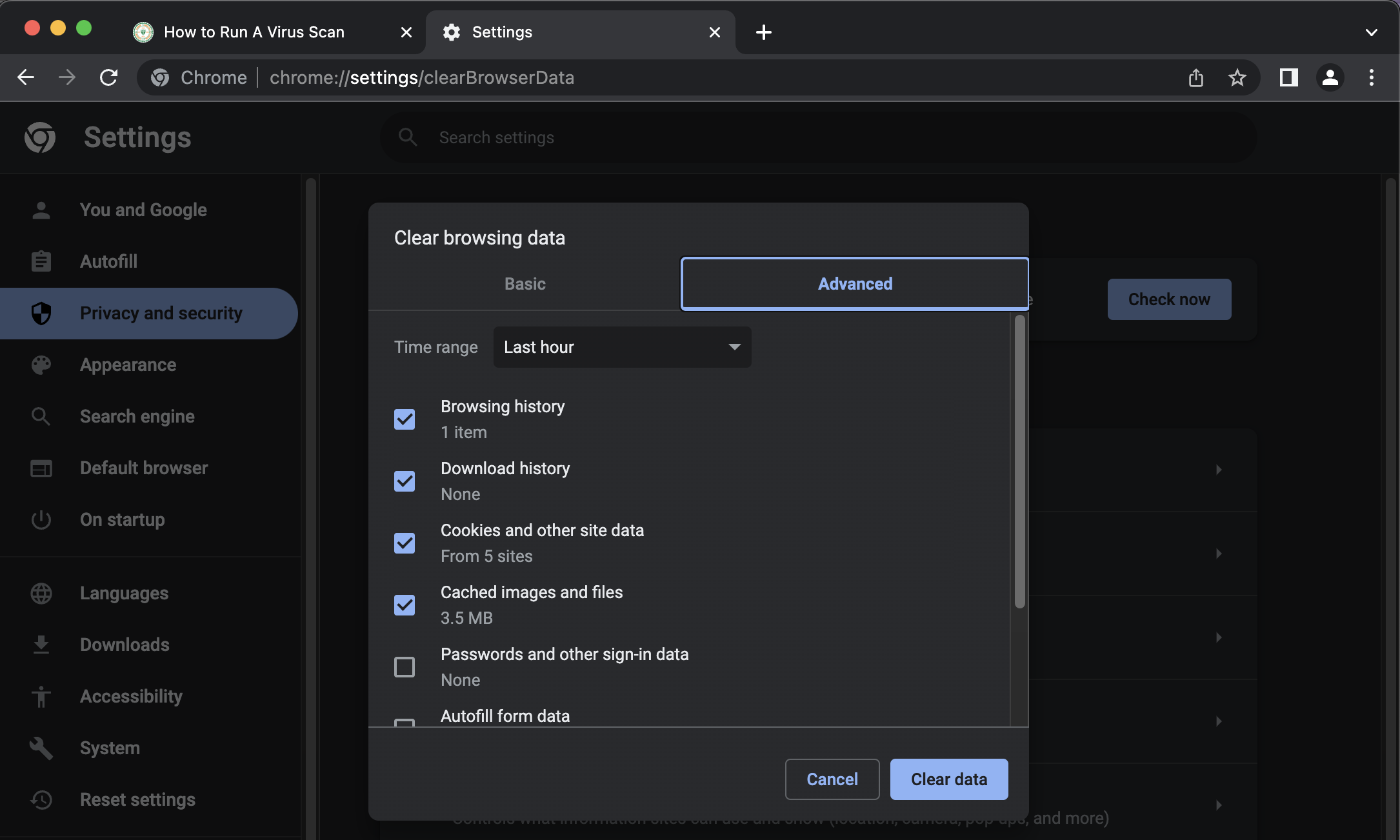 Chrome browser settings menu showing the "Clear Browsing Data" interface, allowing users to manage their browsing history.