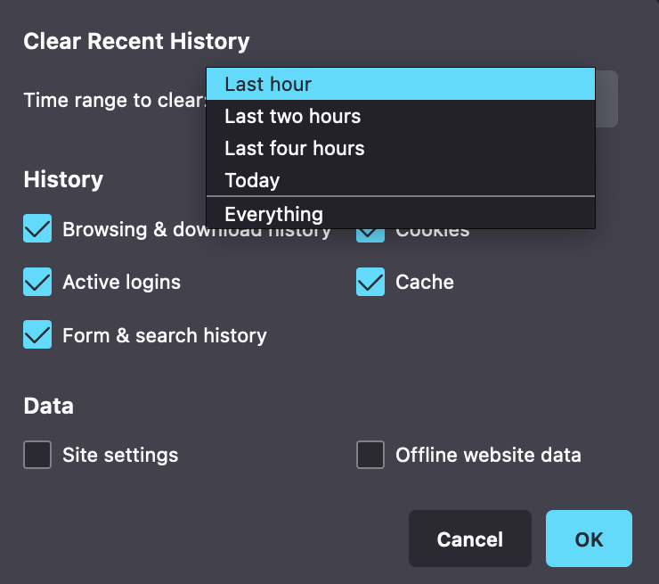 firefox clear recent history window browser settings menu showing the "Clear Browsing Data" interface, allowing users to manage their browsing history.