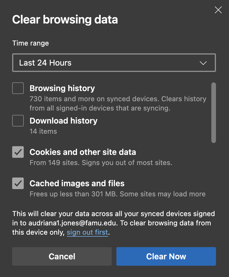 Microsoft Edge browser settings menu showing the "Clear Browsing Data" interface, allowing users to manage their browsing history.