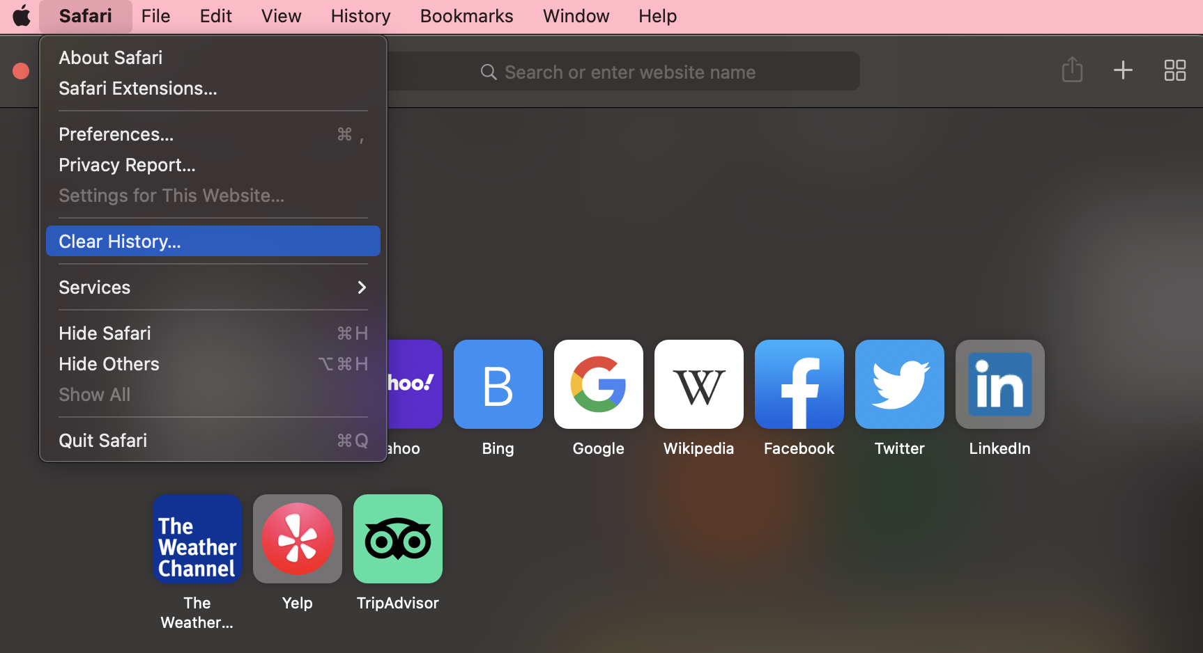  Display of safari browser settings menu on Mac OS