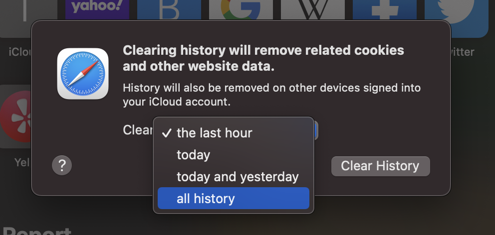 Screenshot of Mac-os Safari "clear browsing data" pop-up screen. it reads, "Clearing history will remove related cookies and other website data". Below is the list of options to clear browsing data.