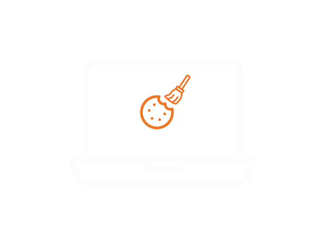 A laptop displaying a cookie icon on the screen, surrounded by binary code, with a small broom sweeping it away