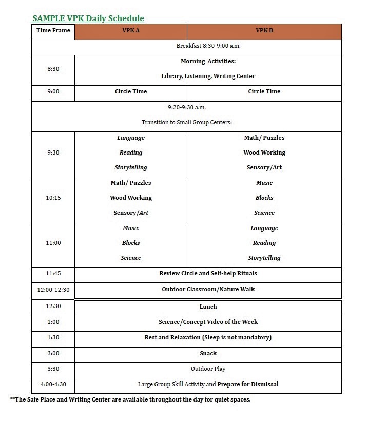 SAMPLE VPK Daily Schedule