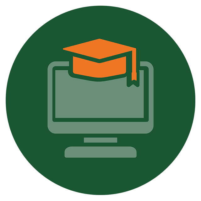 Icon depicting a computer monitor with a graduation cap