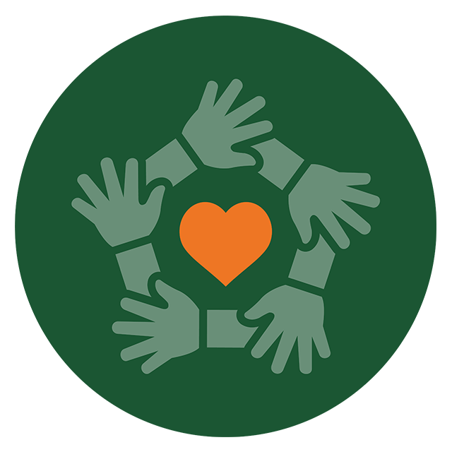 Icon of a group hands surrounding a heart shape, symbolizing Community Service
